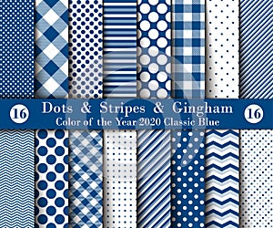 Set of Sixteen Seamless Polka Dots, Gingham, With Stripes with  Classic Blue Colors