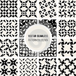 Set of Sixteen Vector Seamless Black And White Rounded Geometric Pattern Collection