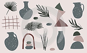 Set of sixteen vintage abstract elements: plants, jugs, vases, stones, geometric shapes.