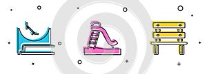Set Skate park, Kid slide and Bench icon. Vector