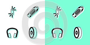 Set Skateboard ball bearing, Tool allen keys, Headphones and deck icon. Vector