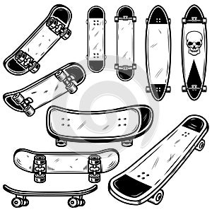 Set of skateboard and longboard illustrations on white background. Design element for logo, label, emblem, sign, badge, t shirt, p