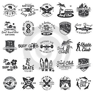 Set of skateboard, longboard and surf club badges. Vector illustration.