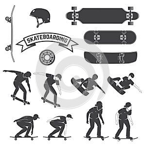 Set of skateboard and skateboarders icon. Vector illustration.