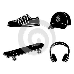 Set of skateboarder cap, skateboard, headphones, sneakers, black stencil, isolated illustration on a white background