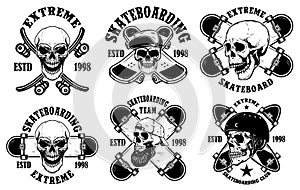 Set of skateboarding club emblems with skulls. Design element for poster, logo, sign, label, t shirt. photo
