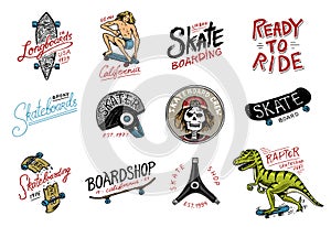 Set of Skateboarding labels logo. Skater Dinosaur tyrannosaur rex rides on the board.. Urban design for badges, emblems