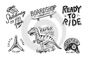 Set of Skateboarding labels logo. Skater Dinosaur tyrannosaur rex rides on the board.. Urban design for badges, emblems