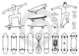 Set of Skateboards, Equipment, and Elements of Street Style photo