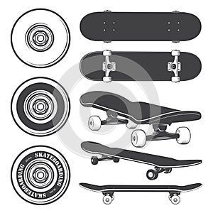 Set of skateboards and skateboarding wheels.