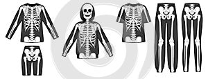 Set of Skeleton costume Human bones front back view men women for Halloween, festivals for printing on clothes