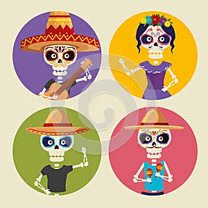 Set skeletons men wearing hat and catrina to celebrate event