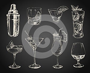 Set of sketch cocktails and alcohol drinks