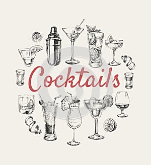 Set sketch cocktails and alcohol drinks hand drawn illustration