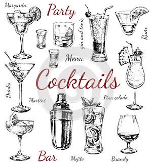 Set sketch cocktails and alcohol drinks hand drawn illustration