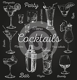 Set of sketch cocktails and alcohol drinks vector hand drawn illustration