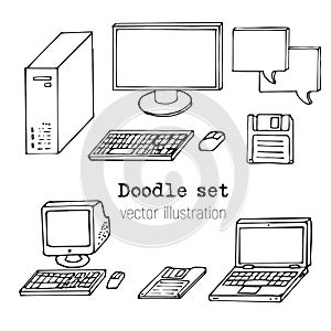 Set of sketch computers. Doodle pc, laptop, floppy. Retro Computer icon in Hand-drawn style. Simple pancil Ð¡artoon. Vector illust