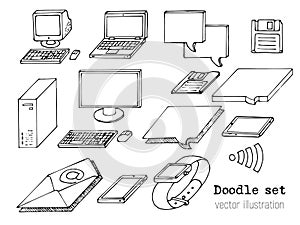 Set of sketch computers. Doodle pc, laptop, tablet, floppy, mail, chat box. Retro Computer icon in Hand-drawn style. Cartoon eleme