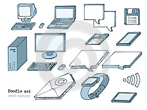 Set of sketch computers. Doodle pc, laptop, tablet, floppy, mail, chat box. Retro Computer icon in Hand-drawn style. cartoon Vecto