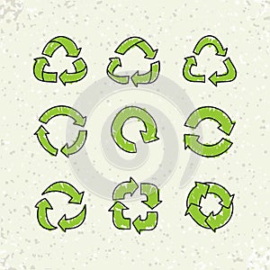 Set of sketch doodle vector recycle reuse symbol on craft paper background