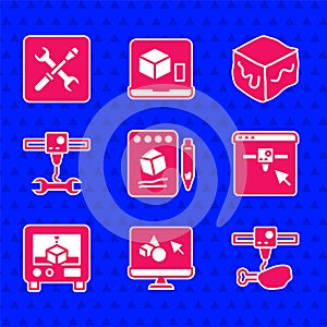 Set Sketch on paper, 3D printer software, chicken leg, setting, wrench spanner, Isometric cube and icon. Vector