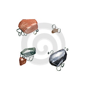 Set sketch stones isolated on white background. Watercolor hand drawing nature illustration. Art original style design