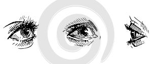 Set of sketches different human eyes, vector hand drawing isolated on white