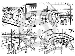 Set of sketches with railway station. Passengers on platform, waiting, arriving and departing train. Hand drawn black photo