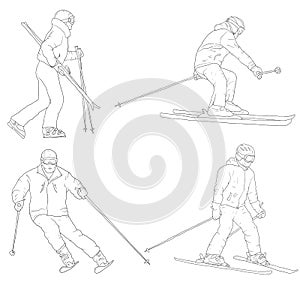 Set sketches silhouettes snowboarders on white background illustration