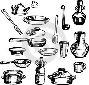 A set of sketches of tableware, kitchen utensils