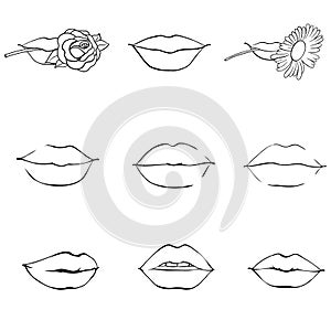 Set of sketches vector illustrations-Mouth with teeth. Female lips isolated on a white background.
