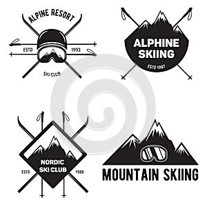 Set of Ski Club. Vintage Mountain winter badges. Outdoor adventure logo design.Snowboard icon symbol