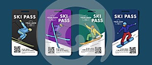 Set of ski pass cards, admission for lift to the mountain slopes with colorful illustrations of skier and snowboarder