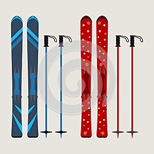 set of ski and ski sticks - winter equipment - vector illustration