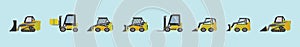 Set of skid steer cartoon icon design template with various models. vector illustration isolated on blue background