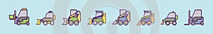 Set of skid steer cartoon icon design template with various models. vector illustration isolated on blue background