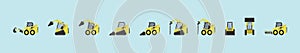 Set of skid steer cartoon icon design template with various models. vector illustration isolated on blue background