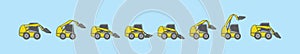 Set of skid steer cartoon icon design template with various models. vector illustration isolated on blue background