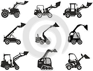 Set of skid steer loaders. Silhouette of heavy construction equipment and mining machine in flat style on the white