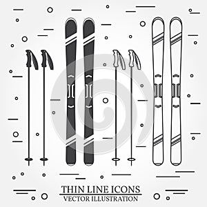 Set of skiing equipment silhouette icons.