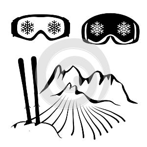 Set of skiing glasses and ski