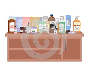 set of skincare icons on furniture with three drawers