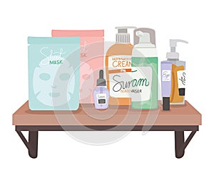 set of skincare icons on a shelf on a white background