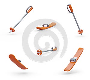 Set of skis, ski poles in different positions. Isolated vector image on white background