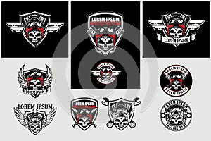 Set of skull biker with v-twin engine and shield vector logo template