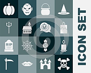 Set Skull on crossbones, Burning candle, Halloween witch cauldron, Castle, Neptune Trident, Pumpkin and icon. Vector