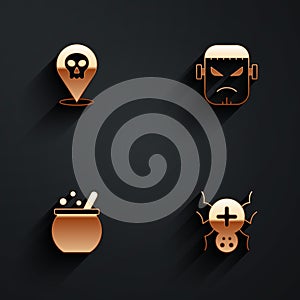 Set Skull, Frankenstein face, Halloween witch cauldron and Spider icon with long shadow. Vector