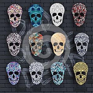 Set skull for the illustrations concept on day of the dead. Vector template colorful abstract decorative ornament design