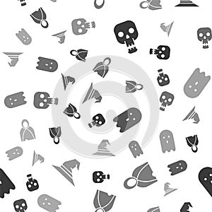 Set Skull, Mantle, cloak, cape, Ghost and Witch hat on seamless pattern. Vector