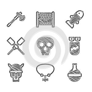 Set Skull, Necklace with gem, Bottle potion, Quiver arrows, viking helmet, Oars or paddles boat, Fish and Wooden axe